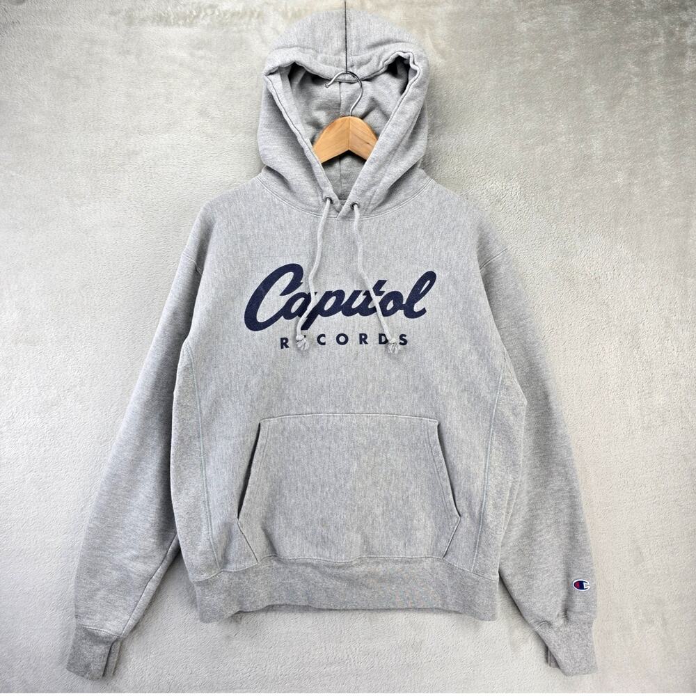 Vintage Champion Reverse Weave Capitol Records Hoodie Mens Medium Grey Hip Hop